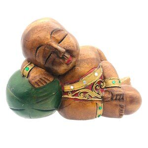 Wooden Hand Carved Sleeping Buddha on Melon Figurine With Embellishments